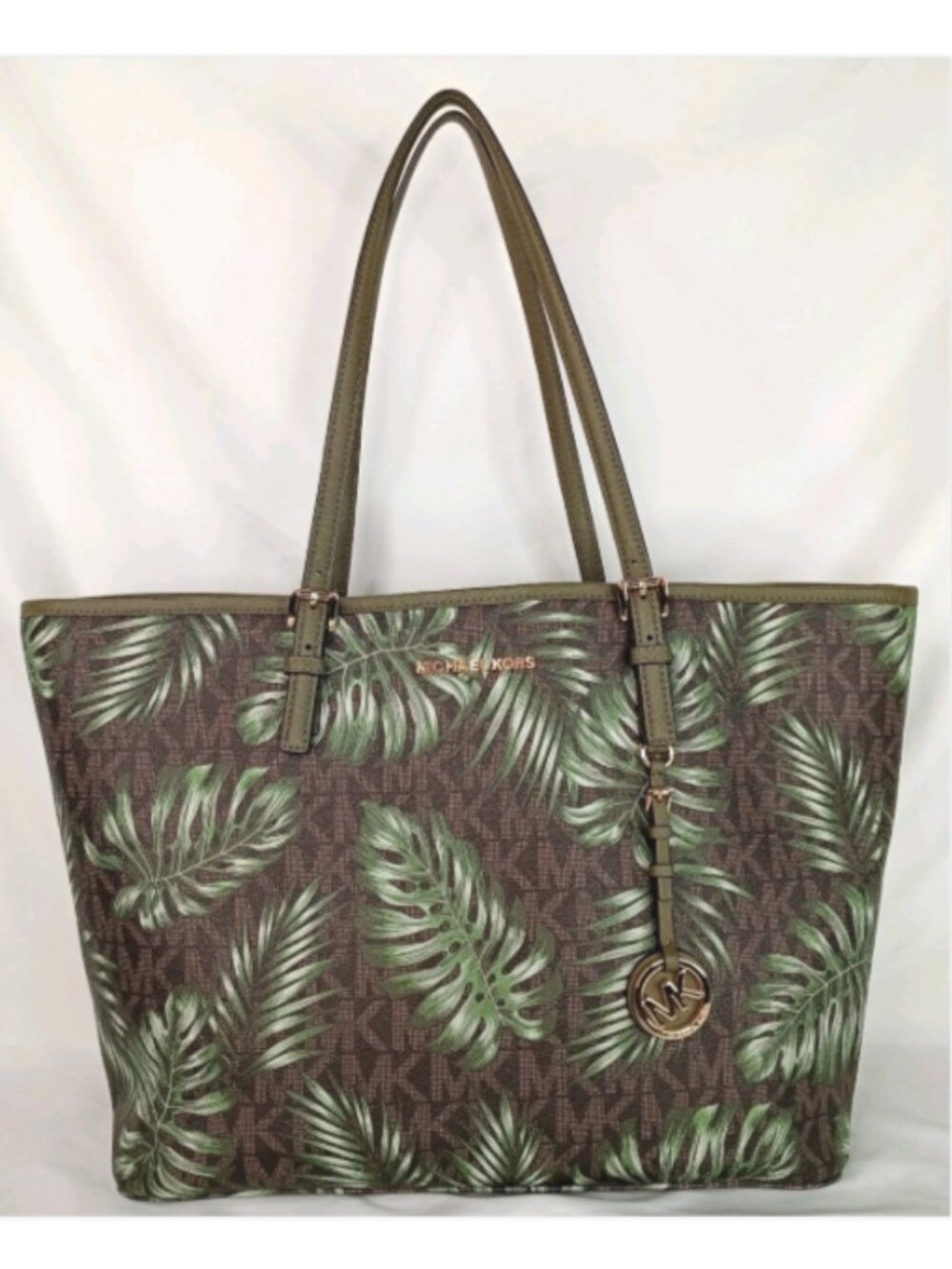Pre-Owned Michael Kors Carryall Jet Set Travel MK Olive Palm Leaves Brown Tote